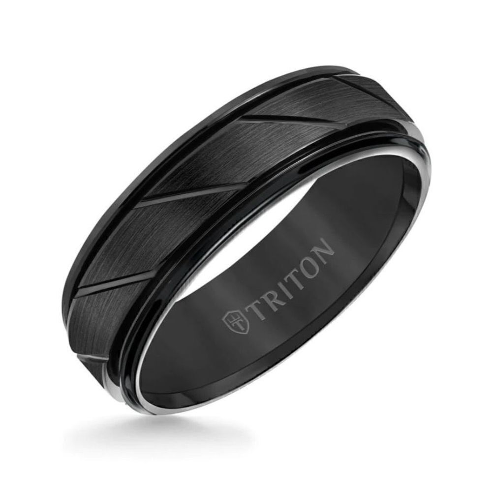 7MM Tungsten Carbide Ring Diagonal Cut Center Round Edge